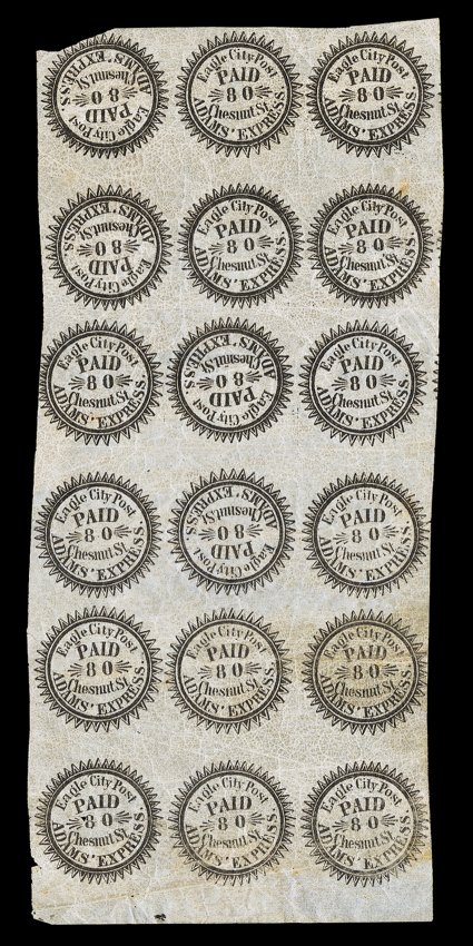 61L2a, Eagle City Post, Philadelphia, Pa., (2c) Black, Tete-Beche Pair, block of eighteen (3x6) containing four tete-beche pairs (inverted impression at positions 1, 4, 8 and
11), mostly large margins around, just into the design in a couple pla