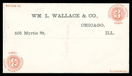 Undersander E801, 3c Red on white Marshall patented return stamped envelope essay, with preprinted return address, showing inverted second reply impression of the indicia, most
unusual, very fine also accompanied by the paid reply postal ca