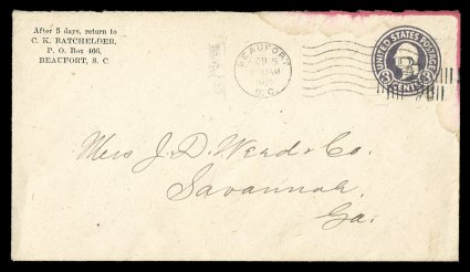U468m, 2c Surcharge type 4 on 3c Dark violet, die 1, Triple Surcharge, One Inverted, very rare used entire showing this striking surcharge error, Beaufort, S.C. machine cancel,
addressed to Savannah, Ga., red edge staining at top right corner ba