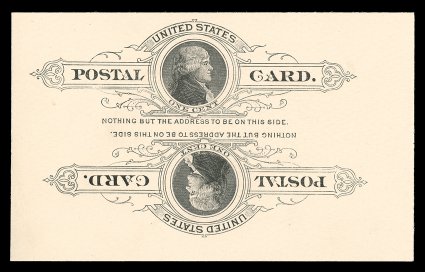 UX9c, 1c Black on buff postal card, Double Impression, One Inverted, a gem mint example of this enormously rare error card, in fact it is, by far, the finer of only two mint
examples recorded, the other known example (ex-Floyd Collection) ha