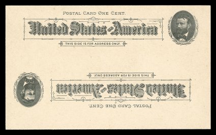 UX10a, 1c Black on buff postal card, Double Impression, One Inverted, choice mint example of this striking and rare error card, fresh and bright with two strong impressions, the
lower one being inverted, additionally the card shows two fairly st