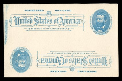 UX11b, 1c Blue on grayish white postal card, Double Impression, One Inverted, mint card, two strong impressions with one inverted at bottom, small amount of extraneous blue
production ink at left, very fine the only example of this striking p