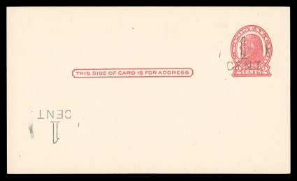 UX32 var., 1 cent Des Moines surcharge on 2c red on buff postal card, die I, Double Surcharge, One Inverted at lower left corner, mint card with small THI of THIS, extremely
fine quite rare as only three such examples are recorded 