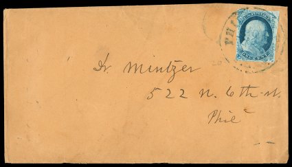 8A, 1c Blue, Ty. IIIa, double transfer, one Inverted, position 81L1E, handsome example of this scarce and desirable plate variety, featuring mostly large margins and deep
luxuriant color, tied to buff colored locally addressed cover by central s