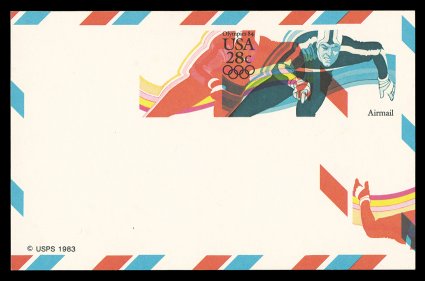 UXC21 var., 28c Olympic speed skater air post postal card, Red, Pink and Yellow, Double Impression, One Inverted, a spectacular mint error card which displays a strong shift of
the red, pink and yellow colors about 40mm to the left of the normal