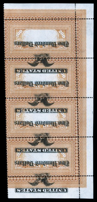 Turner Essay 10c, $200.00 Yellow brown on thick bluish U.S.I.R. essay, Overprint Inverted, a spectacular right sheet-margin vertical strip of four, with selvage at top and
bottom, not only is the overprint inverted, but it is strongly shifted to
