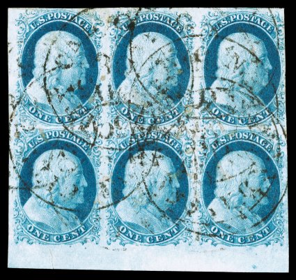 9, 1c Blue, Ty. IV, a most impressive and rare used bottom left corner sheet-margin block of six (3x2), positions 81-8391-93L1L, with the two left stamps (positions 81 and 91)
displaying triple transfers, one Inverted, ample to huge margins