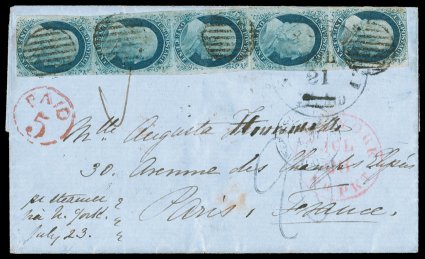 9, 1c Blue, Ty. IV, a striking and rare franking of a vertical strip of three and a vertical pair, positions 71-91L1L, 83-93L1L, the strip of three displaying all three triple
transfers, one Inverted, found on Plate 1 Early, all tied by ligh