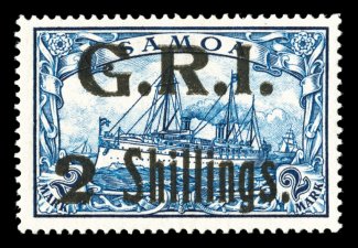 S.G. 112, 1914 2 Shillings. surcharge on 2M Blue, a highly desirable mint example of this rarity, being wonderfully well centered within large margins, sumptuously rich color,
o.g., lightly hinged, very fine and choice only 126 were printed<