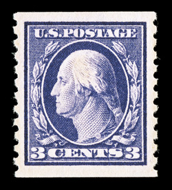 445, 3c Violet flat plate coil, perf. 10 vert., an incredibly choice mint single of this coil stamp, precisely centered amid especially large margins, deep intense color and
impression, pristine o.g., never hinged, superb 2009 PSE certificate (