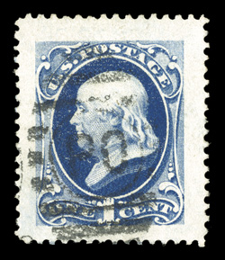 182, 1c Dark ultramarine, the phenomenal stamp offered here is the most spectacular Bank Note stamp we can recall seeing, as it certainly possesses the most immense margins
imaginable and is incredibly well centered within these unbelievable bor