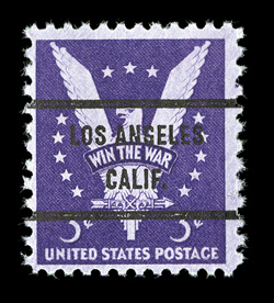 905b, 3c Win the War, reddish violet, with Los Angeles pre-cancel as usual, bright color in this distinctive shade, o.g., n.h., fine a rare variety, being the first example we
have ever offered in our auctions 2009 PF certificate.