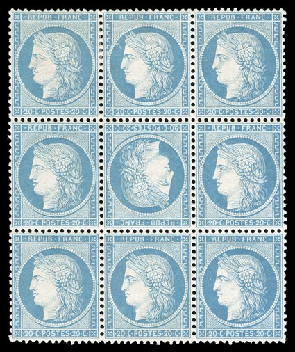 57b, 1870 20c Bright blue on bluish, tete-beche, an eye-arresting mint block of nine, the center stamp the inverted cliche, being in a remarkable state of preservation,
incredibly well centered throughout, lovely bright shade, strong and intact