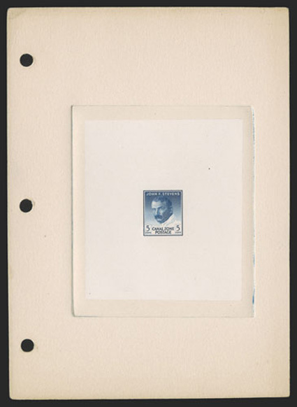 139P1, 5c Deep blue, large die proof on India mounted on 136x189mm card, with serial number 898893A, Engravers Stock Proof, Authorized by... and Dec 15 1945 on reverse, there
is also a small cut-out of a C by the left 5, very fine one