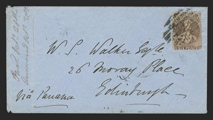 Alford Forest, N.Z. to Edingurgh, blue cover with Via Panama directive franked by 1864 perf. 12½ 6d Brown (36a) cancelled by manuscript AF of Alford Forest and C in barred
oval of Christchurch, ChristchurchNew ZealandSe 3, 68 and Edin