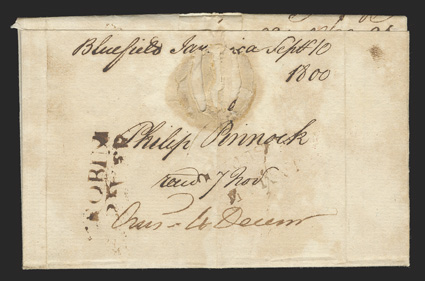 ROBINSRIVER, partially clear 30x13mm two-line straightline postmark on reverse of 1800 folded letter datelined at Bluefields to London, manuscript Inld pd 26 rate and p
Grantham Packet directive, 34 double packet London rate, partial Lon