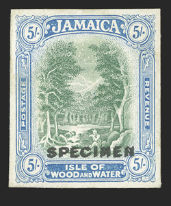 S.G. 88TC, 1921 5- Trial color proof in green and ultramarine, overprinted SPECIMEN, double overprint, single on thick paper showing a well separated double overprint, very
fine believed to be unique ex-De La Rue Archives (Scott 
