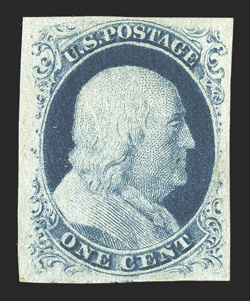 9, 1c Blue, Ty. IV, position 71L1L, triple transfer, one inverted, a gem mint example of this rare and highly collectible position, possessing four very large margins, deep
luxuriant color and impression on bright paper, full o.g., h.r., extre