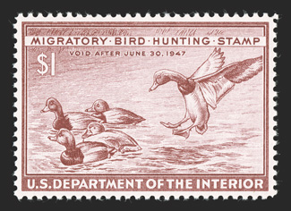 RW13, 1946 $1.00 Red brown, a flawless mint single, possessing mathematically precise centering, brilliantly fresh color on pristine white paper, o.g., n.h., a superb gem for
the collector who is assembling a set of Hunting Permit stamps in only