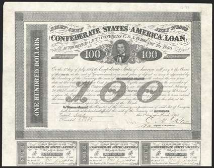 Act of February 20, 1863. $100. Cr. 123A, B-166. No. 3711. As previous. Signed by Rose. 7 coupons below. Soiling along folds, light edge wear, VF. From The Holger Dreher
Collection