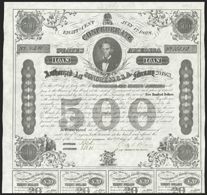 Act of February 20, 1863. $500. Cr. 124, B-192. No. 10280. As previous. Signed by Rose. 7 coupons below. 1411 stamped on verso. Misprint  double print (readily visible on
verso) - to see it, place Bond face on table. Marginal tear in coupo