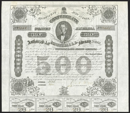 Act of February 20, 1863. $500. Cr. 124, B-192. No. 13446. As previous. Signed by Rose. 9 coupons below. Stain at top left, folds, wrinkles, soiling in margin, good VF. From
The Holger Dreher Collection