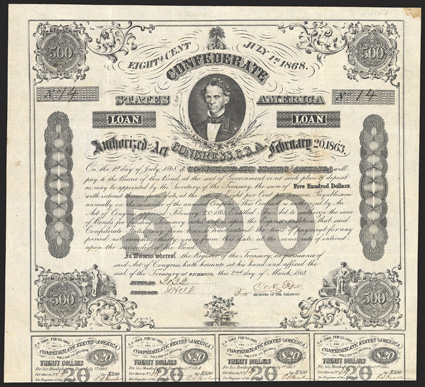 Act of February 20, 1863. $500. Cr. 124A, B-191. No. 14. C.G. Memminger, top. Cotton plant bottom. Loan in rectangular box. Signed by Rose. Complete coupons (11). Foxing,
especially at top right corner, toned, VF. From The Holger