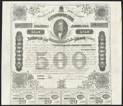 Act of February 20, 1863. $500. Cr. X-124, C192. No. 48107. C.G. Memminger. Different letters in the word LOAN left and right of Memminger portrait. Signed by Rose. Complete
coupons (11). Engravers name Campbell. Fold and edge wear, fo