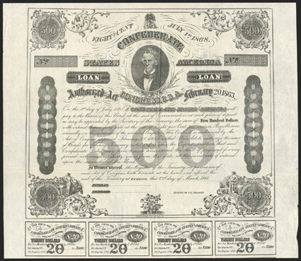 Act of February 20, 1863. $500. Cr. X-124, C192. Unissued remainder. As previous. Unsigned and unissued. Complete coupons (11) below. Engravers name Baxter. Light fold wear,
about VF+. From The Holger Dreher Collection