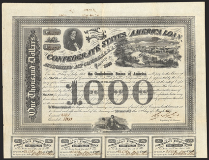 Act of February 20, 1863. $1000. Cr. 125, B-201. No. 34478. As previous. Signed by Tyler. 8 coupons below. Toned, show-through from ink writing on verso, small tear without
loss at bottom, but about VF. From The Holger Dreher Collecti