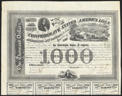 Act of February 20, 1863. $1000. Cr. 125, B-201. No. 35569. As previous. Signed by Tyler. 7 coupons below. Edge wear, folds, a good VF. From The Holger Dreher
Collection