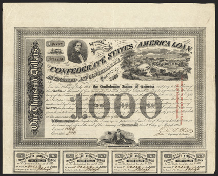 Act of February 20, 1863. $1000. Cr. 125, B-203. Trans-Mississippi Bond. No. 42053. CSA President Jefferson Davis, upper left view of Richmond from the West, upper right.
Liberty seated with sorrowful expression, bottom. Signed by Rose. Tw