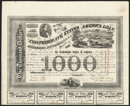 Act of February 20, 1863. $1000. Cr. 125, B-204. Trans-Mississippi Bond. No. 42326.  As previous, but two line red overprint This bond...who issues it on face with all
hand-written endorsement by James Sorley at Houston, Texas. Signed b