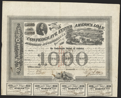 Act of February 20, 1863. $1000. Cr. 125, B-206. Trans-Mississippi Bond. No. 45364. As previous, except three line red overprint on face. Endorsed by Alphonse Desmare, CS
Depositary at Opelousas, La. Signed by Rose. 7 coupons below. Fold