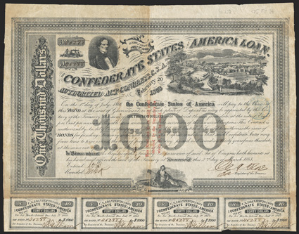 Act of February 20, 1863. $1000. Cr. 125, B-207. Trans-Mississippi Bond. No. 45288. As previous, except three line red overprint, endorsed by H.G.J. Battle, at Shreveport, La.
on reverse. Signed by Rose. 7 coupons below. With Dutch tax stam