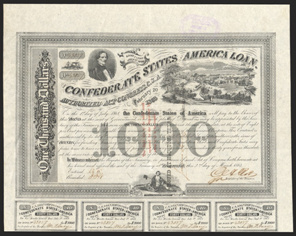 Act of February 20, 1863. $1000. Cr. 125, B-208. Trans-Mississippi Bond. No. 43057. Vignette of Jefferson Davis, view of Richmond in the background, top. Very dejected looking
figure of Liberty at bottom center. Three line red overprint on