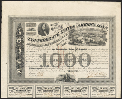 Act of February 20, 1863. $1000. Cr. 125, B-208. Trans-Mississippi Bond. No. 43219. As previous, but three line red overprint on the face This Bond...to be issued. Houston,
Texas, Depositary in black. Endorsed by James Sorley. Signed by