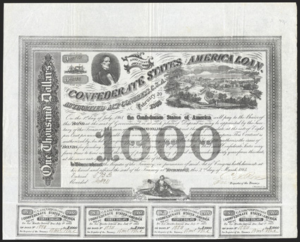 Act of February 20, 1863. $1000. Cr. 125A, B-210. No. 13311. As previous, except on paper watermarked C. Ansell 1863. Signed by Rose. 7 coupons below. Folds, light toning at
edges, a sharp VF. From The Holger Dreher Collection