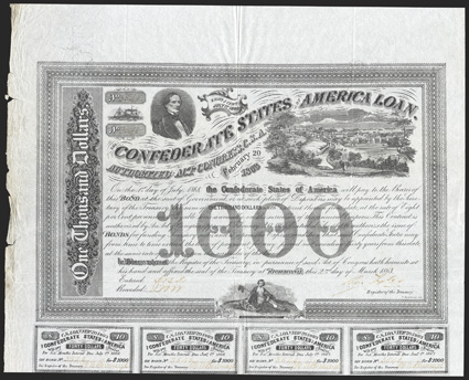 Act of February 20, 1863. $1000. Cr. 125A, B-210. No. 3540. As previous, with watermark. Signed by Tyler. Engravers name Baxter below coupons. 10 coupons below, one missing.
Paper quite blue. Fold wear, heavy wear and soiling along left