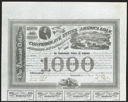 Act of February 20, 1863. $1000. Cr. 125A, B-210. No. 4046. As previous, except printed on a blue paper watermarked C. Ansell 1863. Interestingly, Dr. Balls book skipped 209.
Signed by Tyler. Wear at right edge, lower left corner out, ir