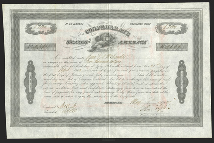 Act of February 20, 1863. $5000. Cr. 126, B-211. No. 2664. Science, center. Signed by Tyler. Red transfer form on verso. Light fold wear and soiling otherwise about
VF+.