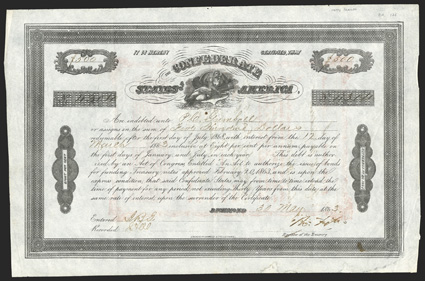 Act of February 20, 1863. $500. Cr. 126, B-211. No. 4304. Science, center. Signed by Tyler. J.T. Paterson. Ink spot center, edge wear, good VF. From The Holger Dreher
Collection