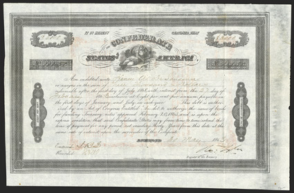 Act of February 20, 1863. $3000. Cr. 126, B-211. No. 4120. As previous. Signed by Tyler. Small nick out at right edge, folds, scant foxing, VF. From The Holger Dreher
Collection