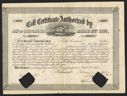 Act of March 23, 1863. $50,000. Cr. 135, B-275. no. 3023. As previous. Signed by Tyler. Hole cancelled. Foxed, toned, about VF. From The Holger Dreher
Collection