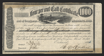Act of March 23, 1863. $1000. Cr. 136, B-276. No number recorded. Vignette of ruins of Johnstown. According to Ball, all issued examples were redeemed and destroyed, making it
likely that these are falsely issued remainders. Signed by Ezekiel.