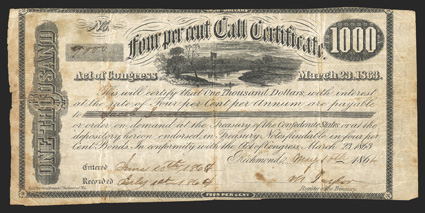 Act of March 23, 1863. $1000. Cr. 136, B-276. No. 9000. As previous. Signed by M. Taylor. Foxed, fold and edge wear, edges trimmed into border at top and bottom, stained along
left edge, about Fine. From The Holger Dreher Collection