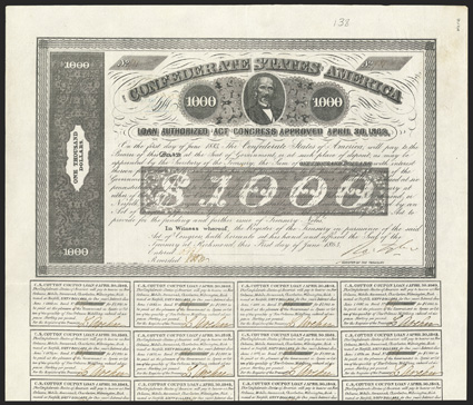 Act of April 30, 1863. $1000. Cr. 138, B-280. No.981. Vignette of James A. Seddon. Signed by Tyler. 19 coupons below. Folds, VF+.