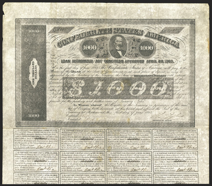 Act of April 30, 1863. $1000. Cr. 138, B-280. No. 2145. James A. Seddon, CSA Secretary of War. Signed by Tyler. 19 coupons below, one missing. Imprint Carine. Some dark
stains, edge and fold wear, VF. From The Holger Dreher Collec