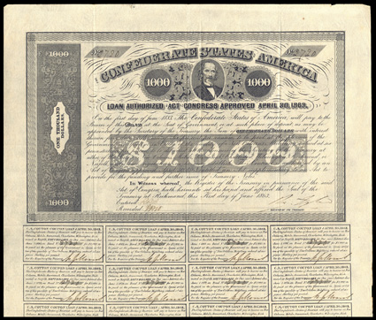Act of April 30, 1863. $1000. Cr. 138, B-280. No. 2720. As previous. Signed by Tyler. 18 coupons below. Imprint Carine. Light fold and edge wear, good VF. From The Holger
Dreher Collection