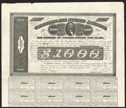 Act of April 30, 1863. $1000. Cr. 138, B-280. No. 4568. As previous. Signed by Tyler. 19 coupons below. Imprint Mulroy. Fold wear including minor edge splits, light edge wear,
about VF. From The Holger Dreher Collection
